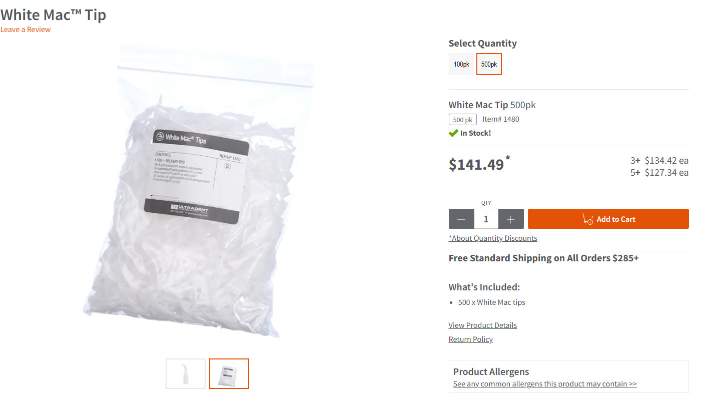 WHITE MAC TIPS,500/PK. DISPENSES LARGE VOLUMES. 1480-ULTRADENT