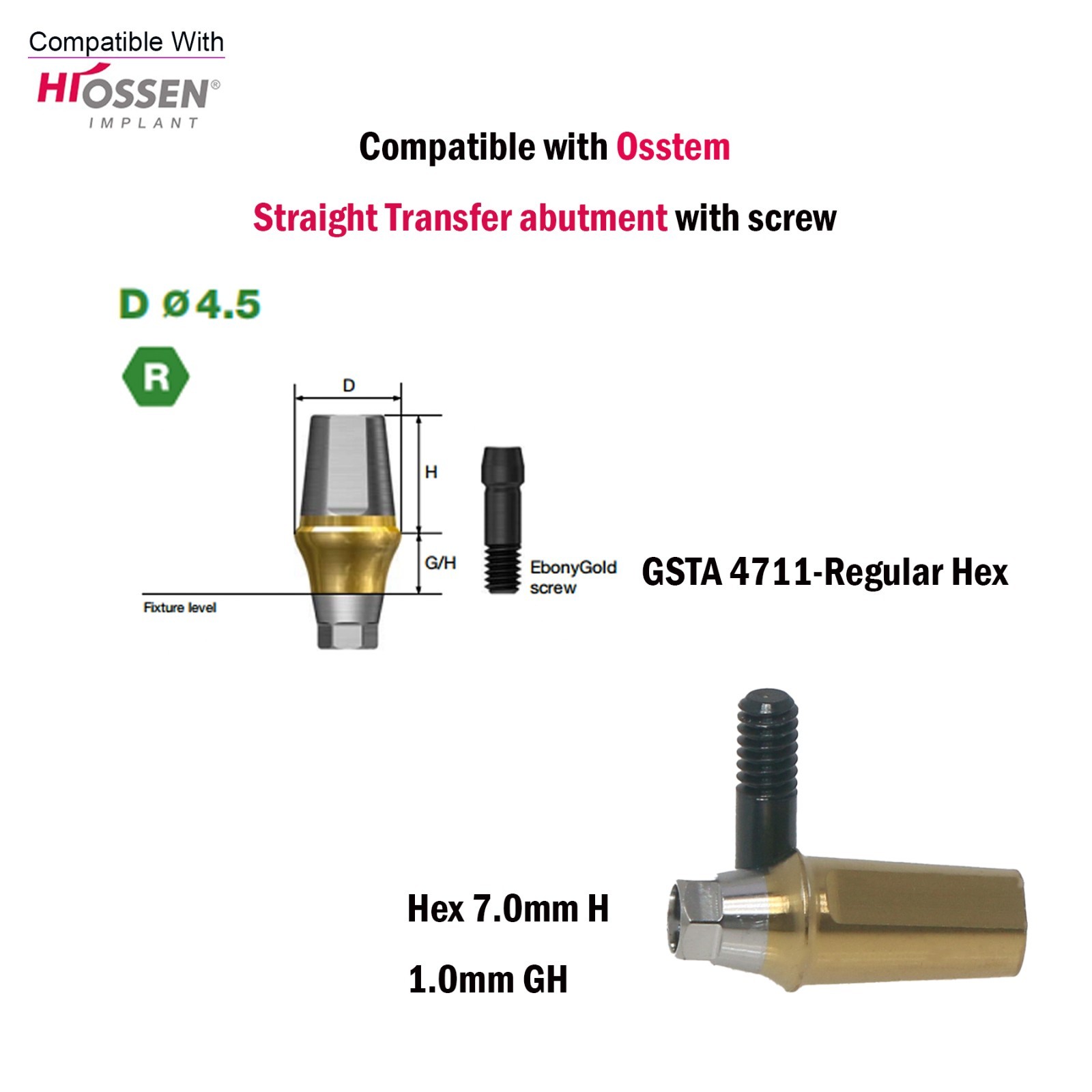US Dental Straight Transfer Abutment Hex Regular Ø4.5For Osstem Hiossen TS 1-5mm