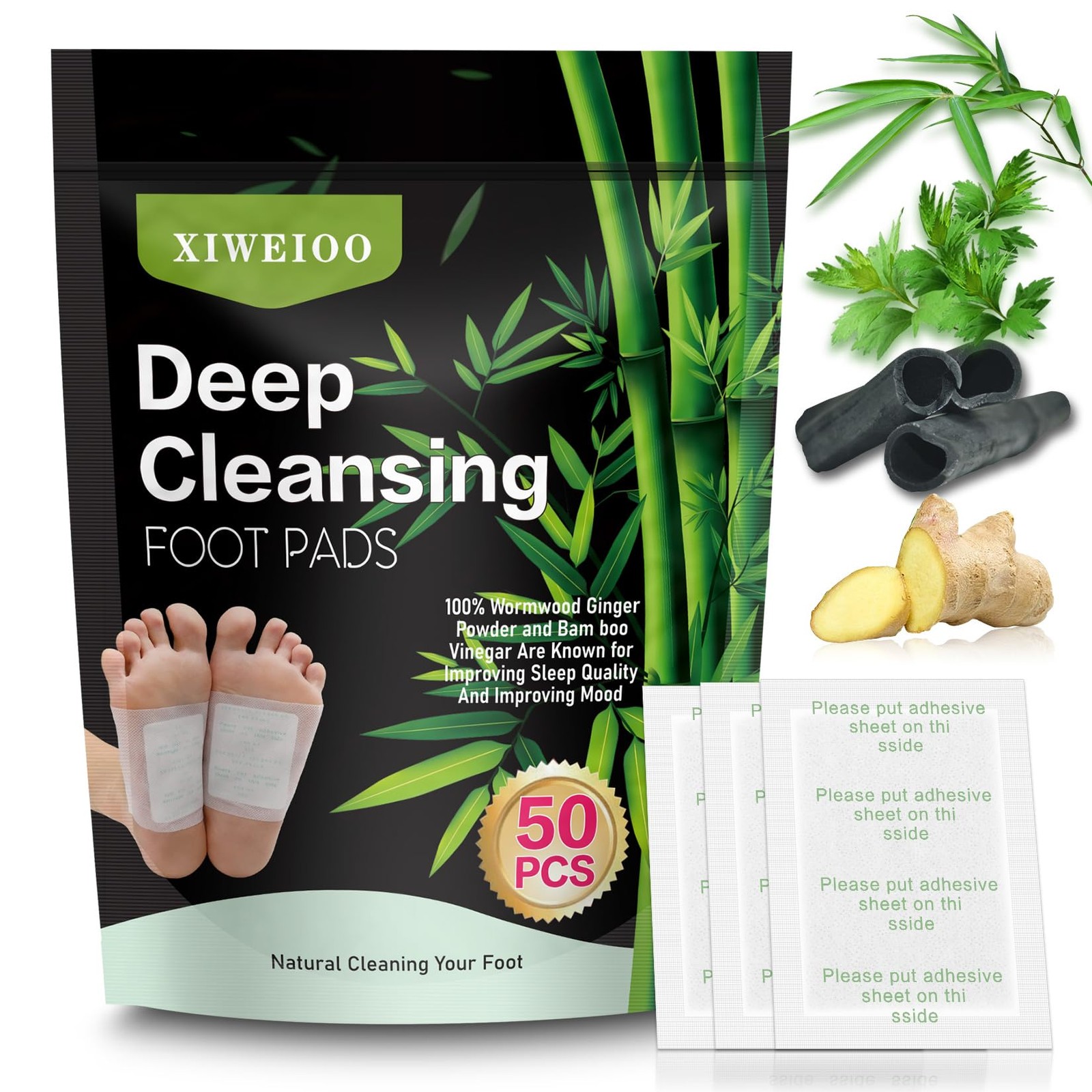 XIWEIOO 50 Pack Foot Pads Ginger Bamboo Deep Cleansing 50 PACK BLANK PADS KIT