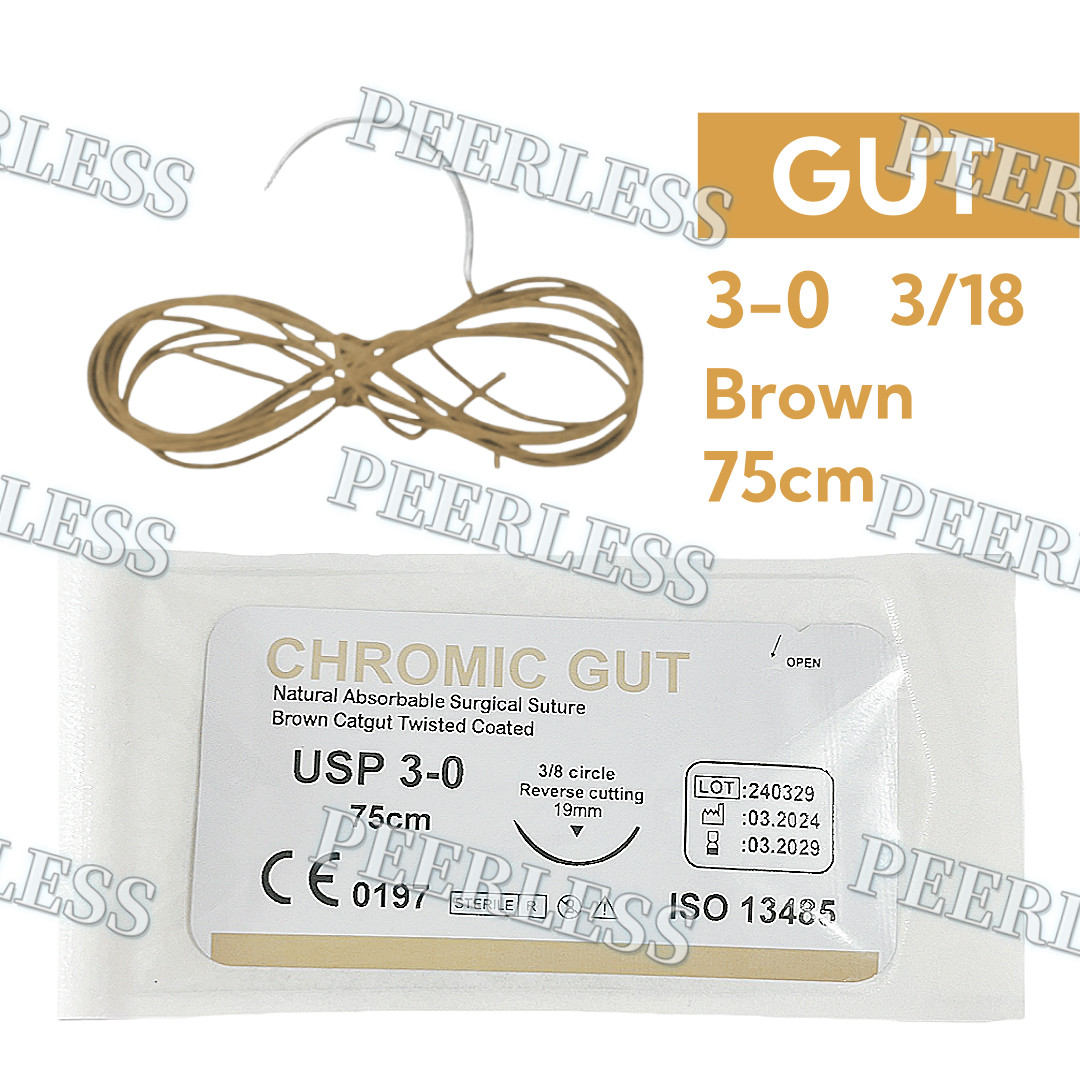 Absorbable Dental Surgical Suture CHROMIC GUT 3-0 Brown 75cm 3/8 Reverse Cutting