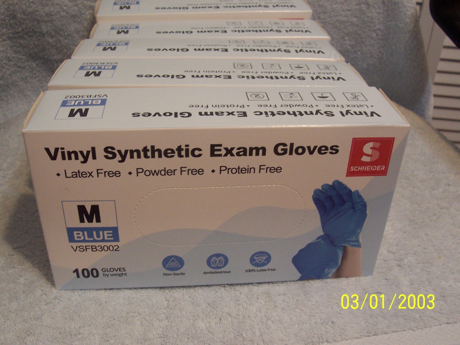 5 Boxes Schneider Vinyl Synthetic Exam Gloves Size Medium Blue 100 Per Box