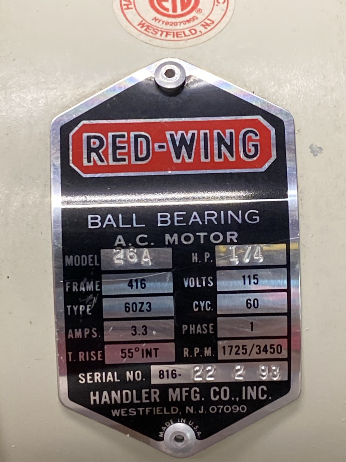 Handler Red Wing Polishing Lathe Model 26A Tested USA 1/4 HP 1725/3450 Rpm Z13