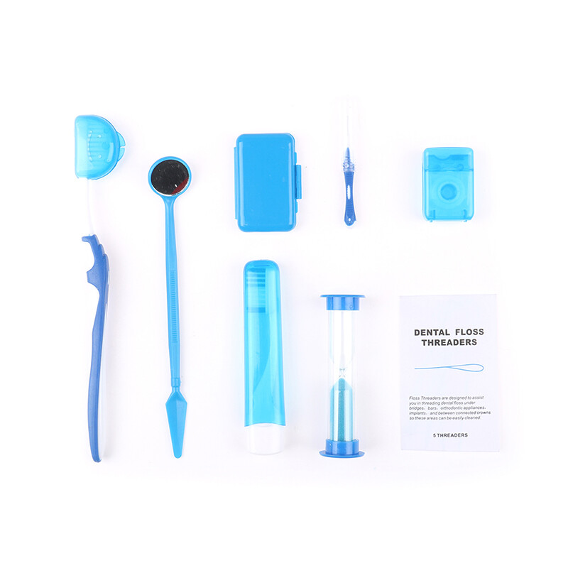 Dental Orthodontic Wax Mirror Tooth Brush Ties Toothbrush Floss Kits Blue Color