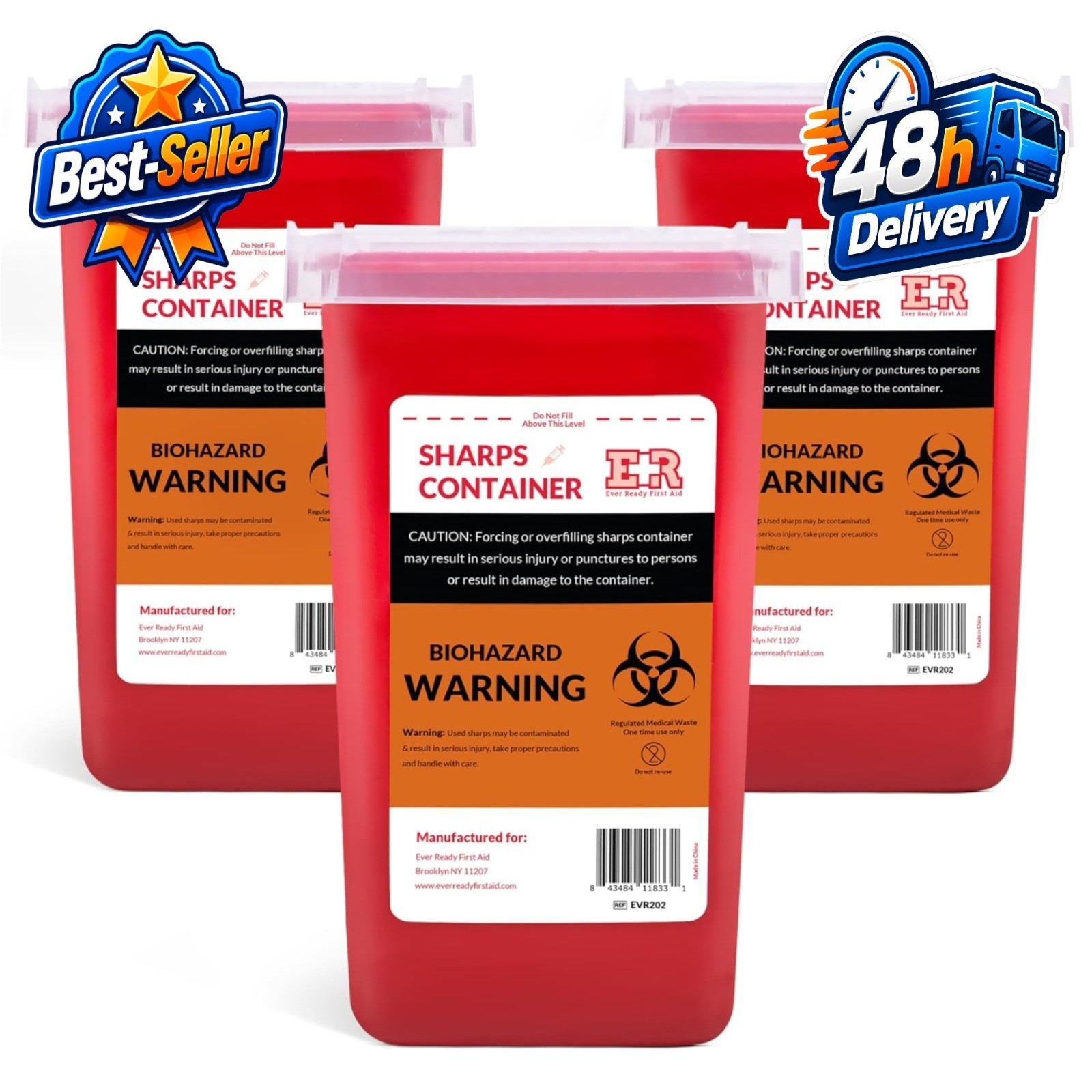 Ever Ready First Aid 3 Count Sharps Container with Locking Lid – 1 Quart