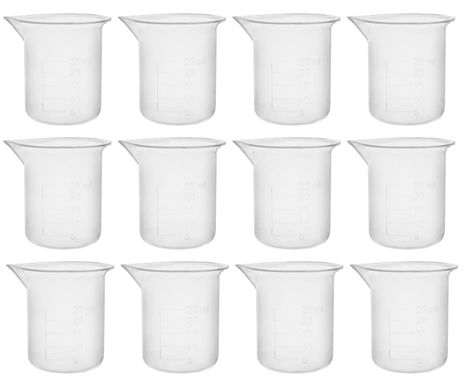 Eisco Labs 25ml Polypropylene Plastic Beakers, Raised Graduations – 12 Pack