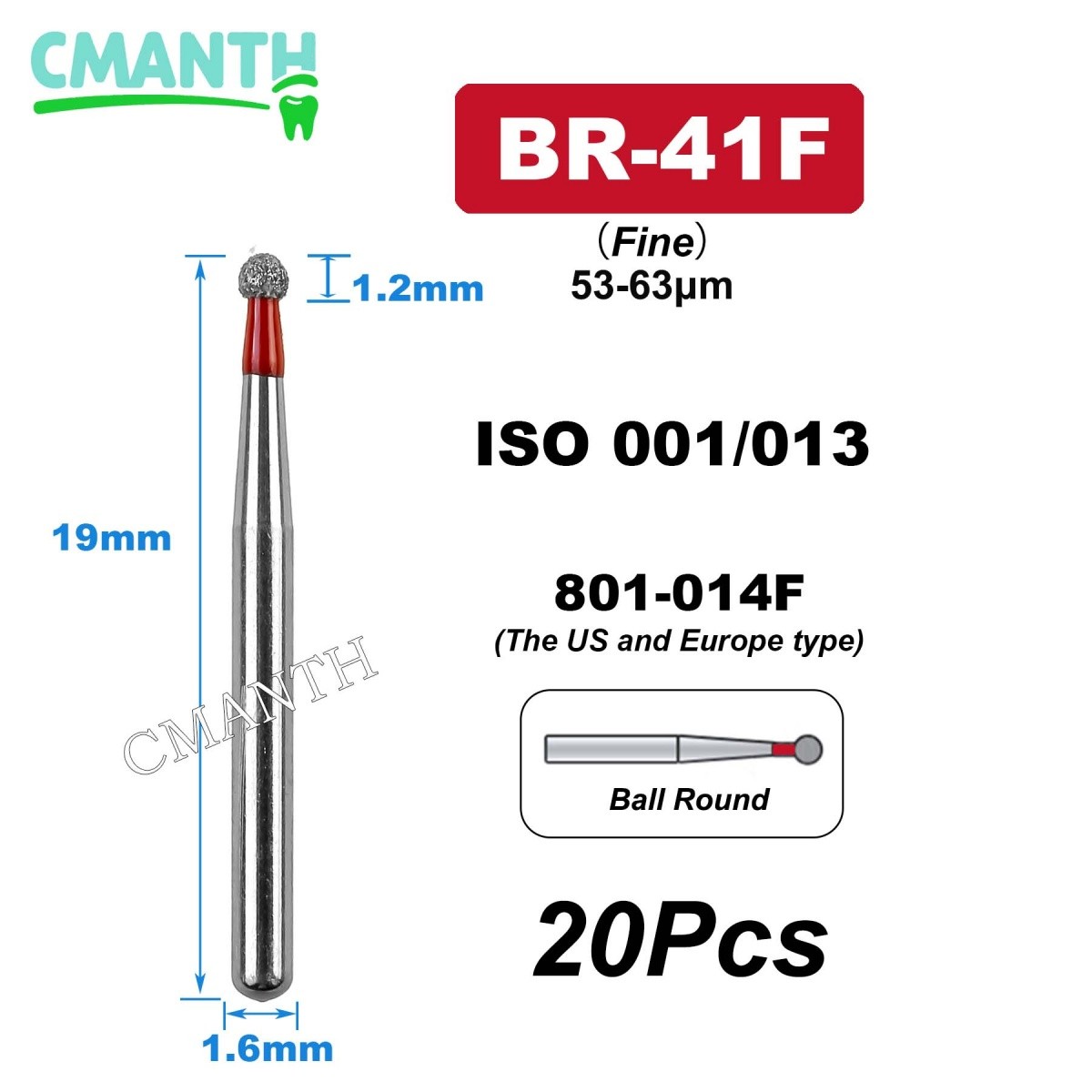 US BR Type Dental Diamond Burs Dentistry Strawberries High Speed Bur 1.6mm 20Pcs