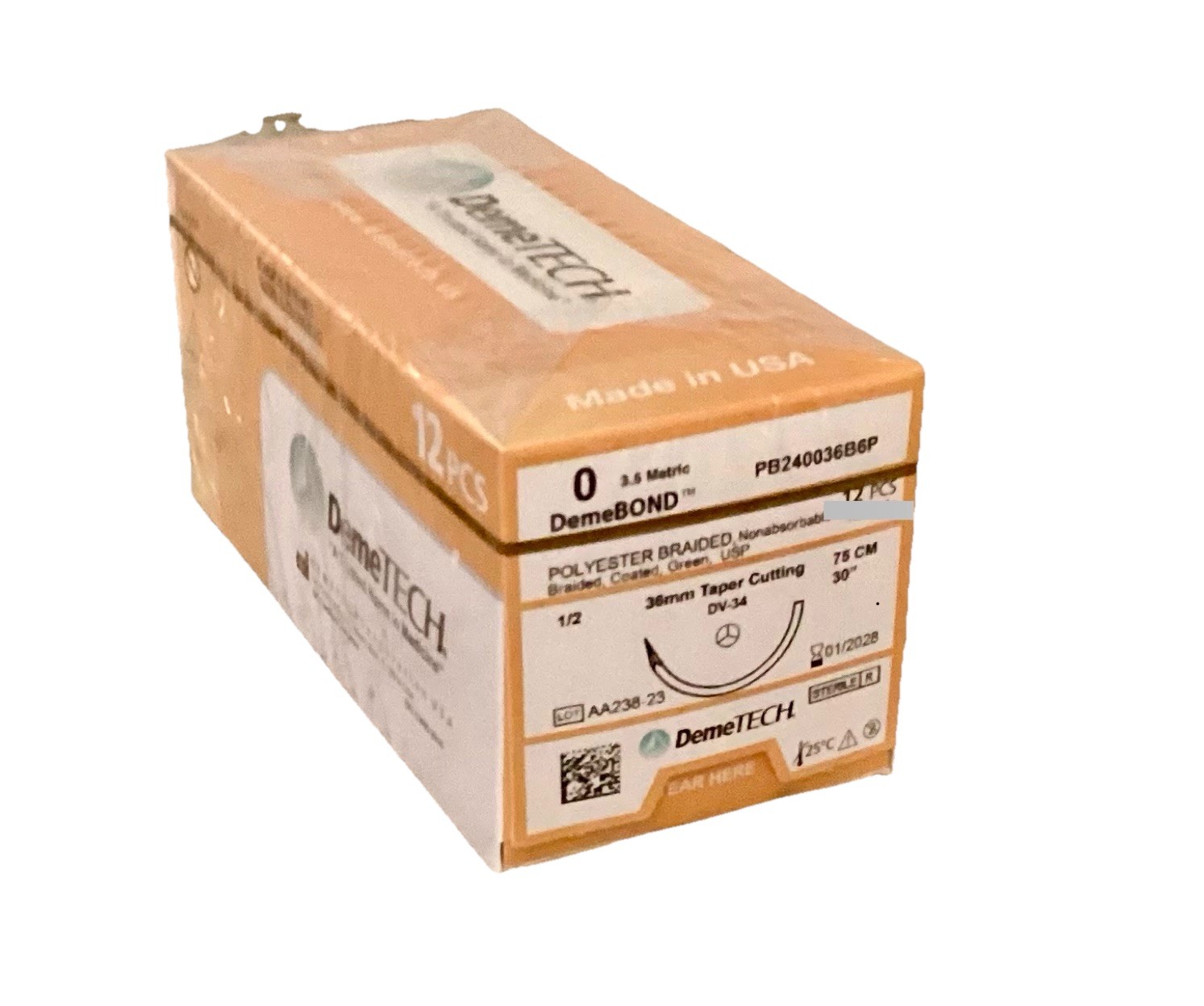 DemeBOND 0 USP Polyester Sutures 30” DV-34 36mm 1/2c EXP 2028 NEW SEALED