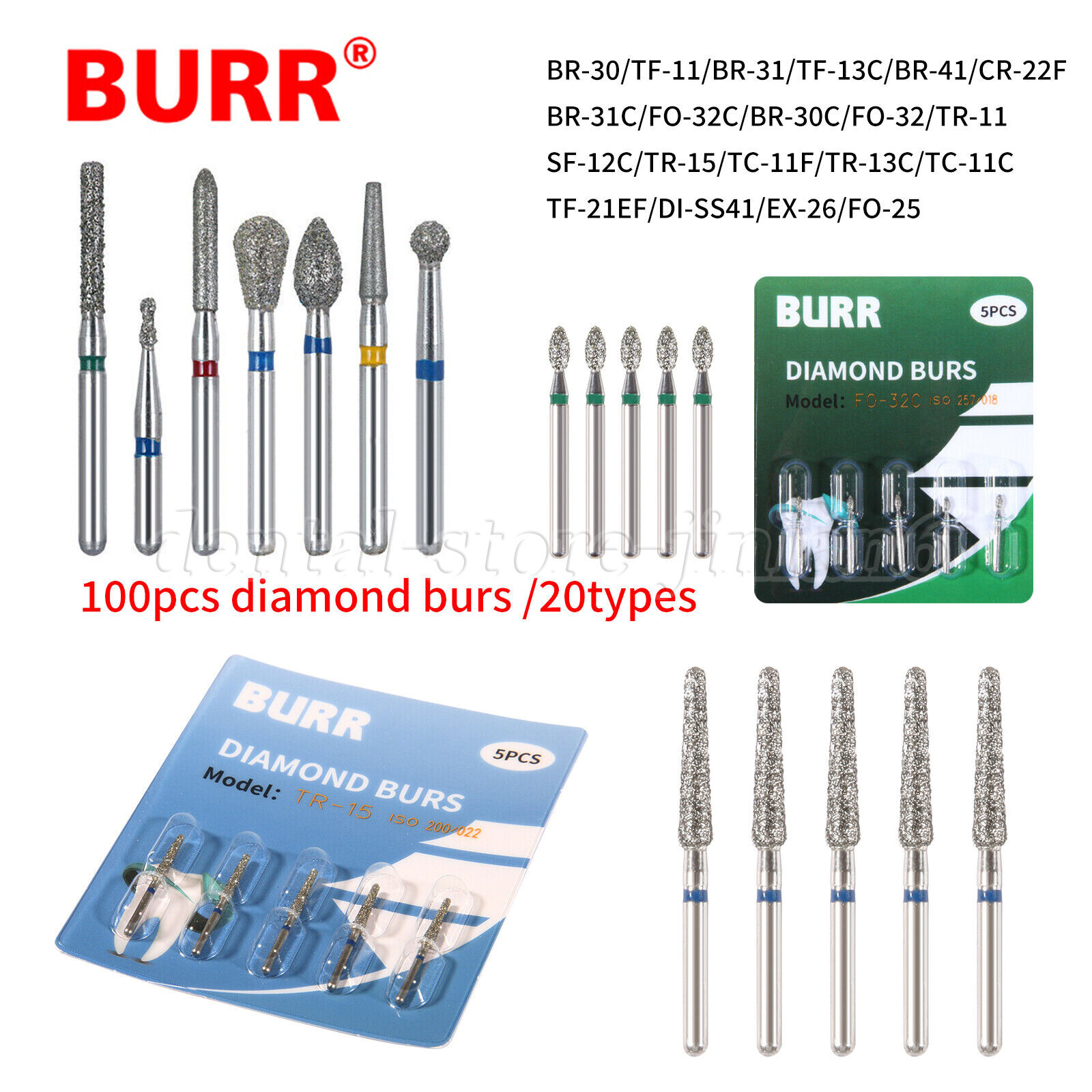 100pcs Dental Diamond Burs FG 1.6mm 20 Types for High Speed Handpiece Tubine