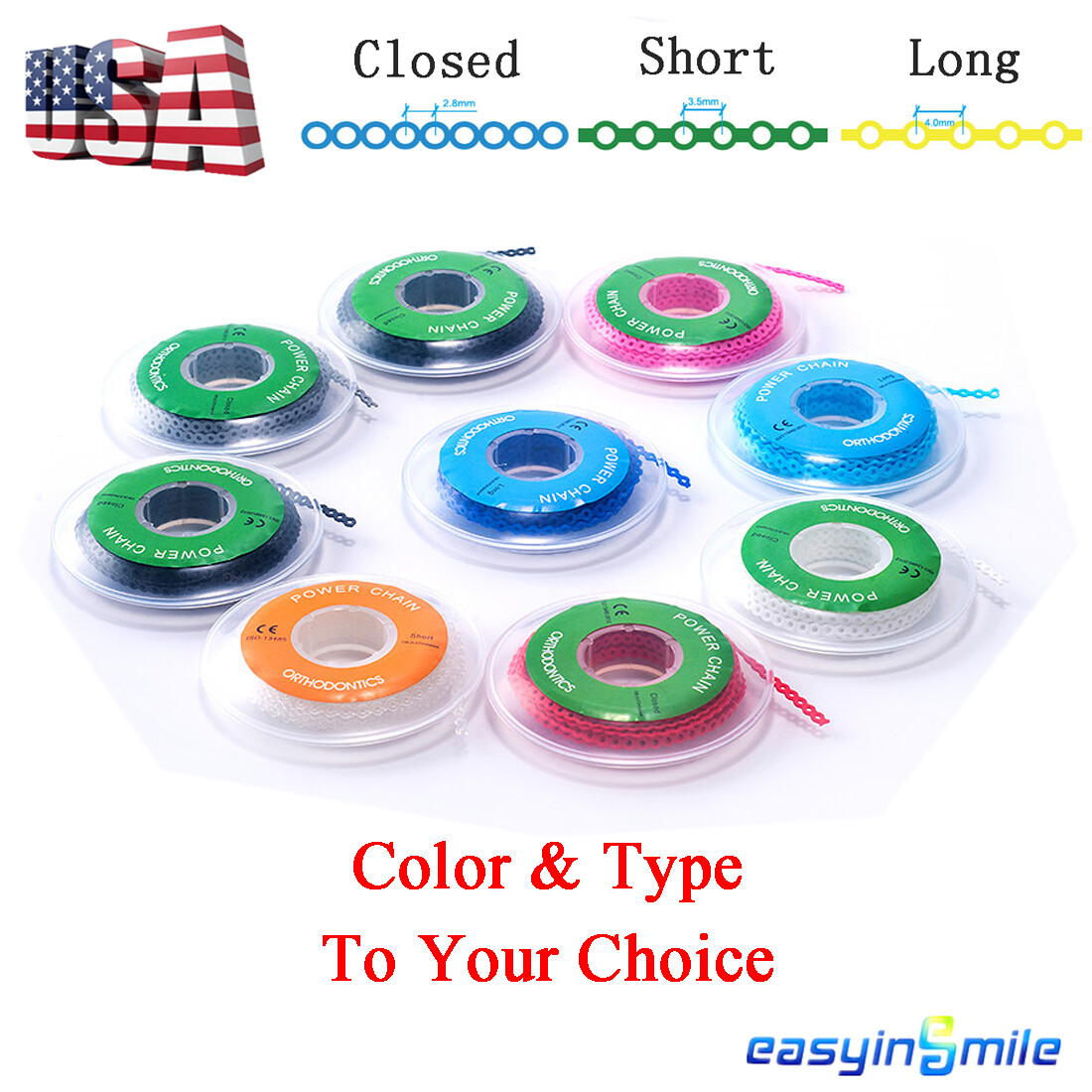 1Roll Dental brace Power Chains Orthodontic super ligature tie Multi Color 3size