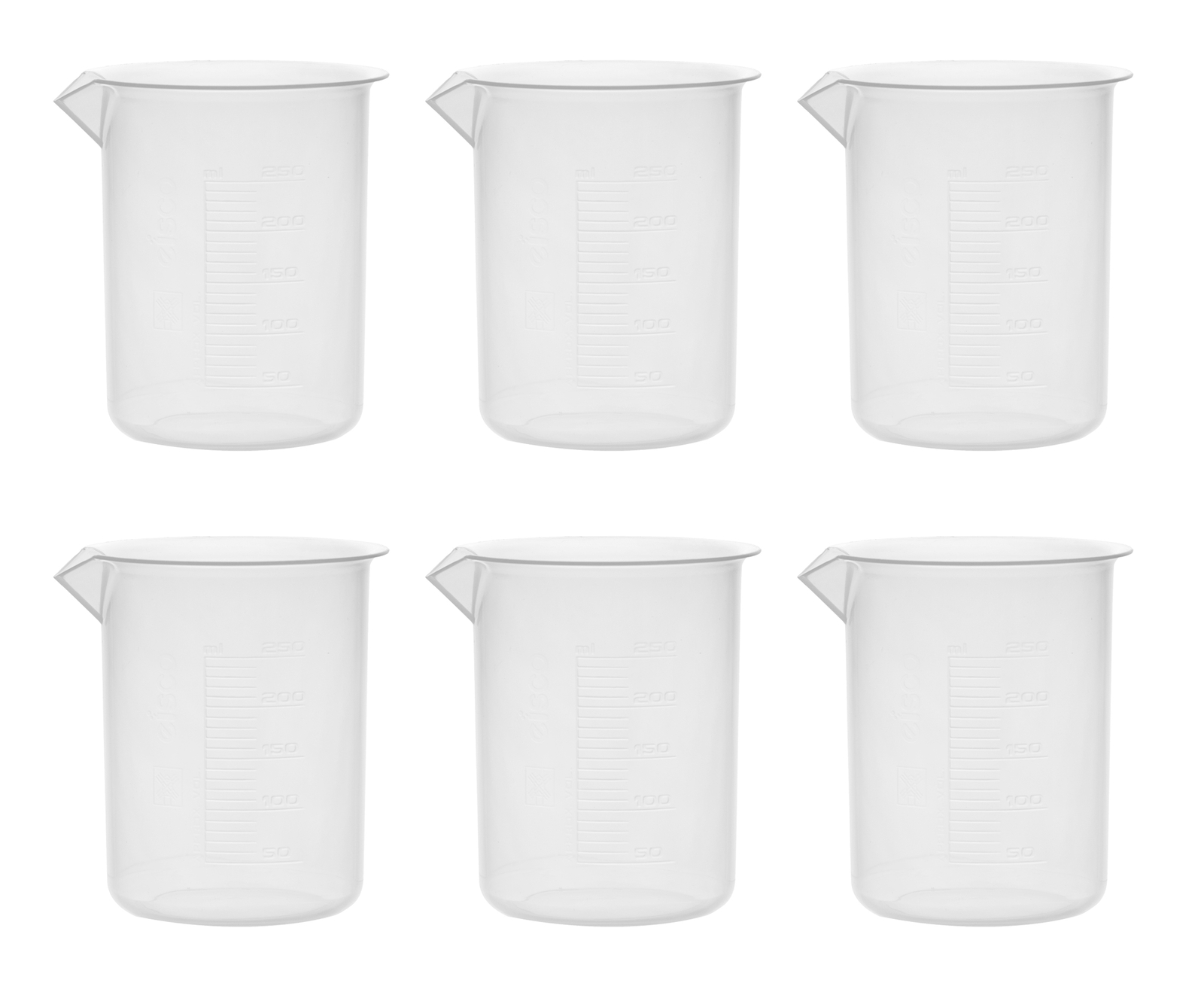 Eisco Labs 250ml Polypropylene Plastic Beakers, Raised Graduations – 6 Pack