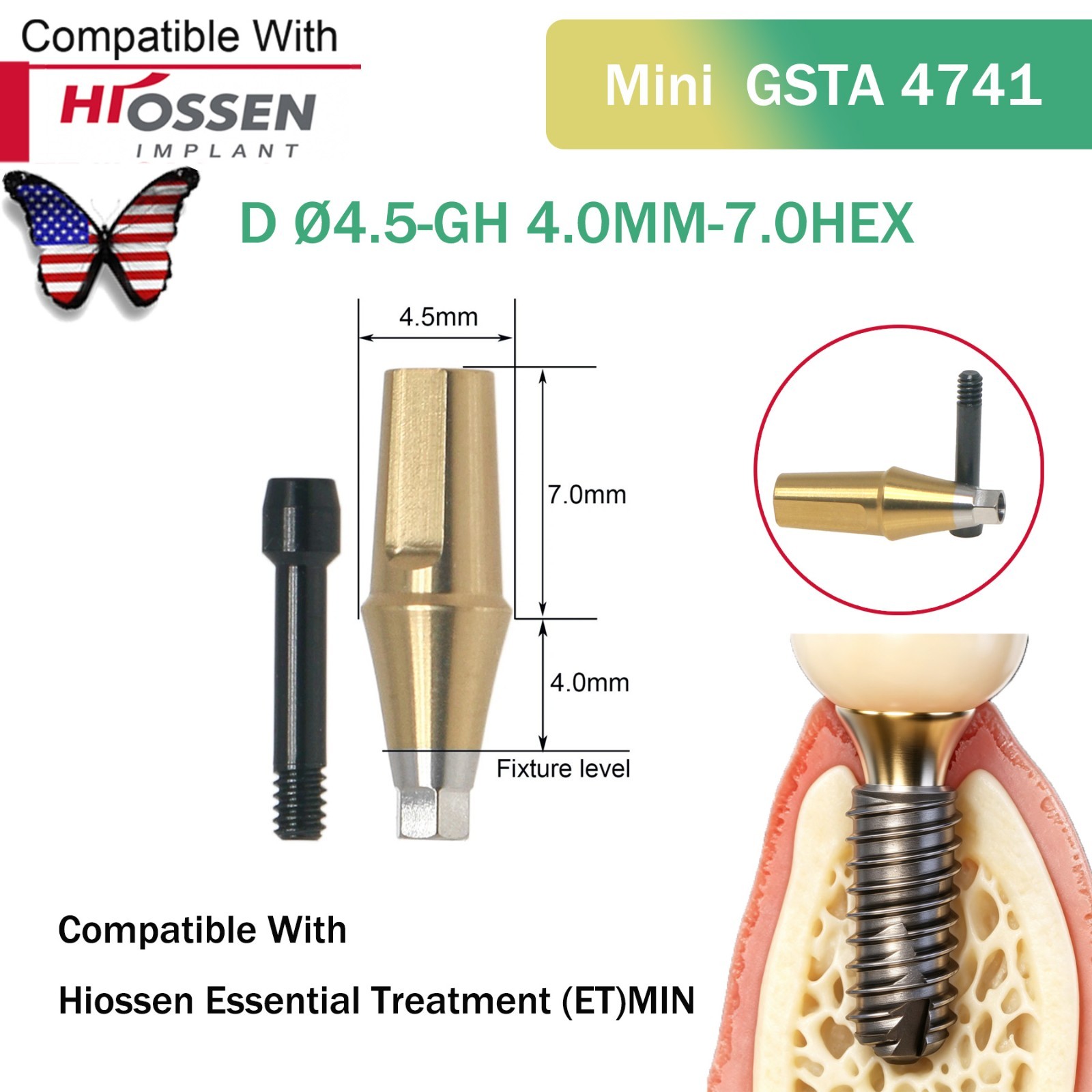 Straight Abutment Fit Osstem Hiossen ET Mini Regular Hex Implant Cement Retained