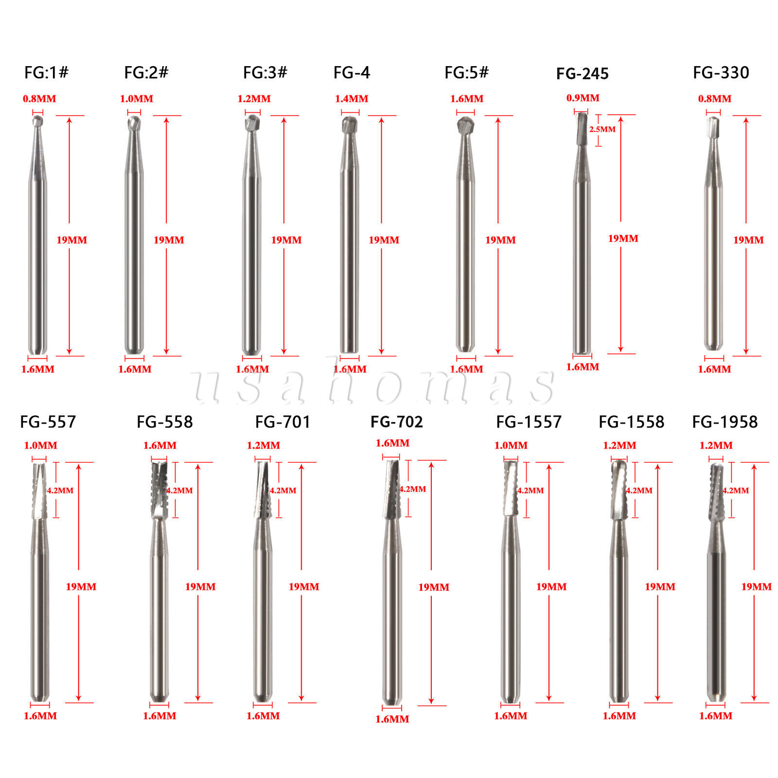 Dental Fissure Tungsten Steel Carbide Burs High Speed Handpiece FG 557/558