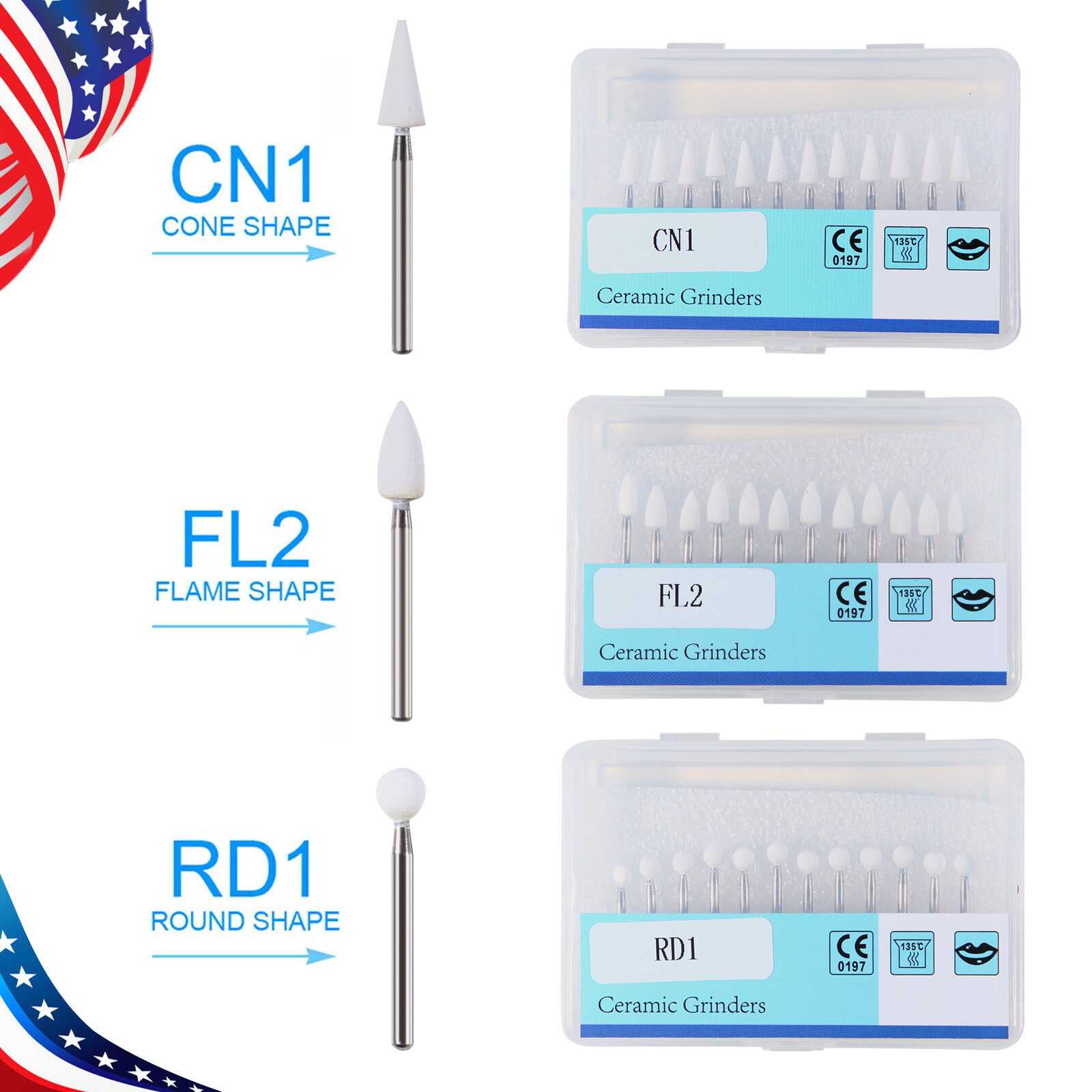 Dental Porcelain Resin Handpiece Polishing Burs FG Cone/Flame/Round