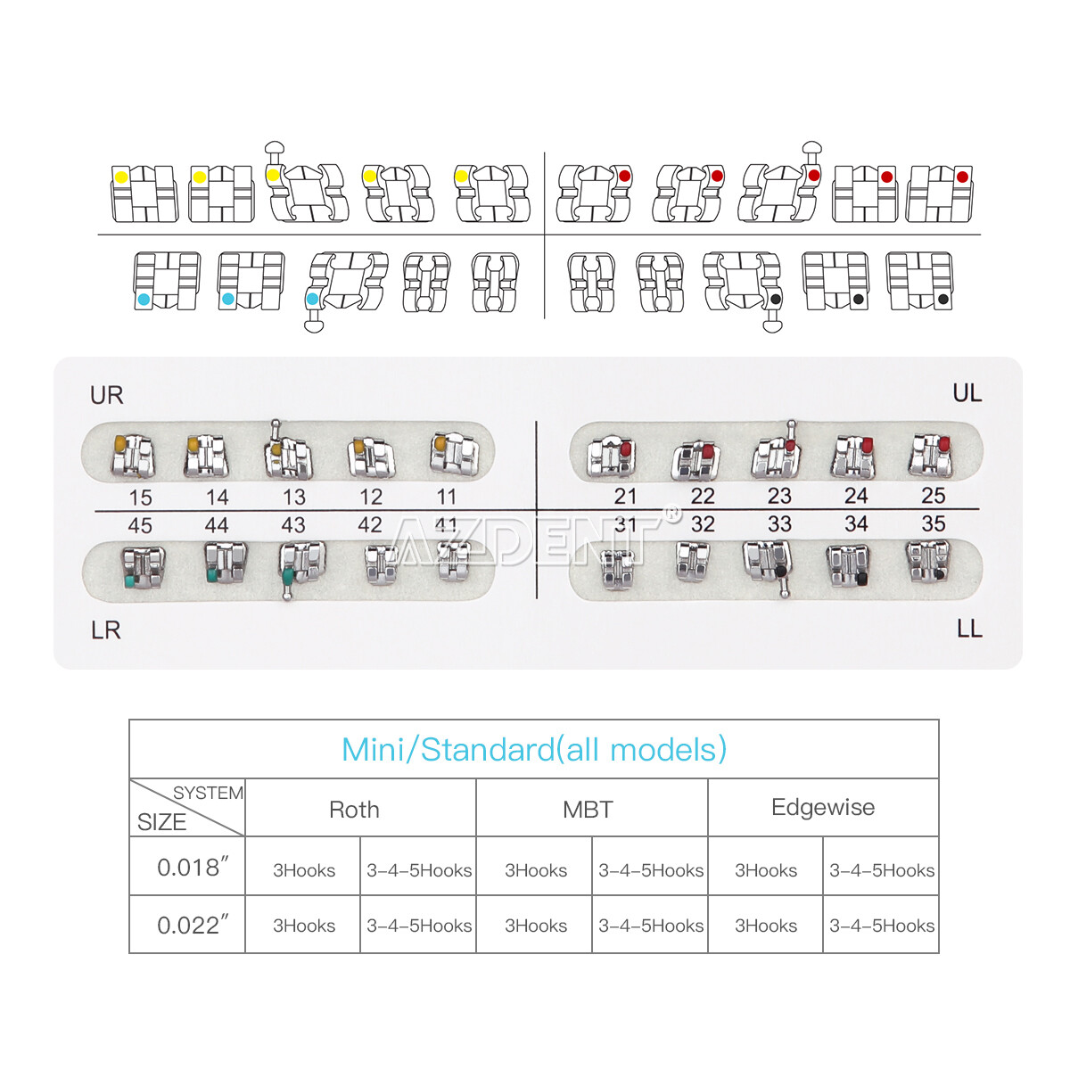 AZDENT Dental Ortho Brackets Braces Mini/Standard Roth/MBT 018/022 3/Hooks 3-4-5