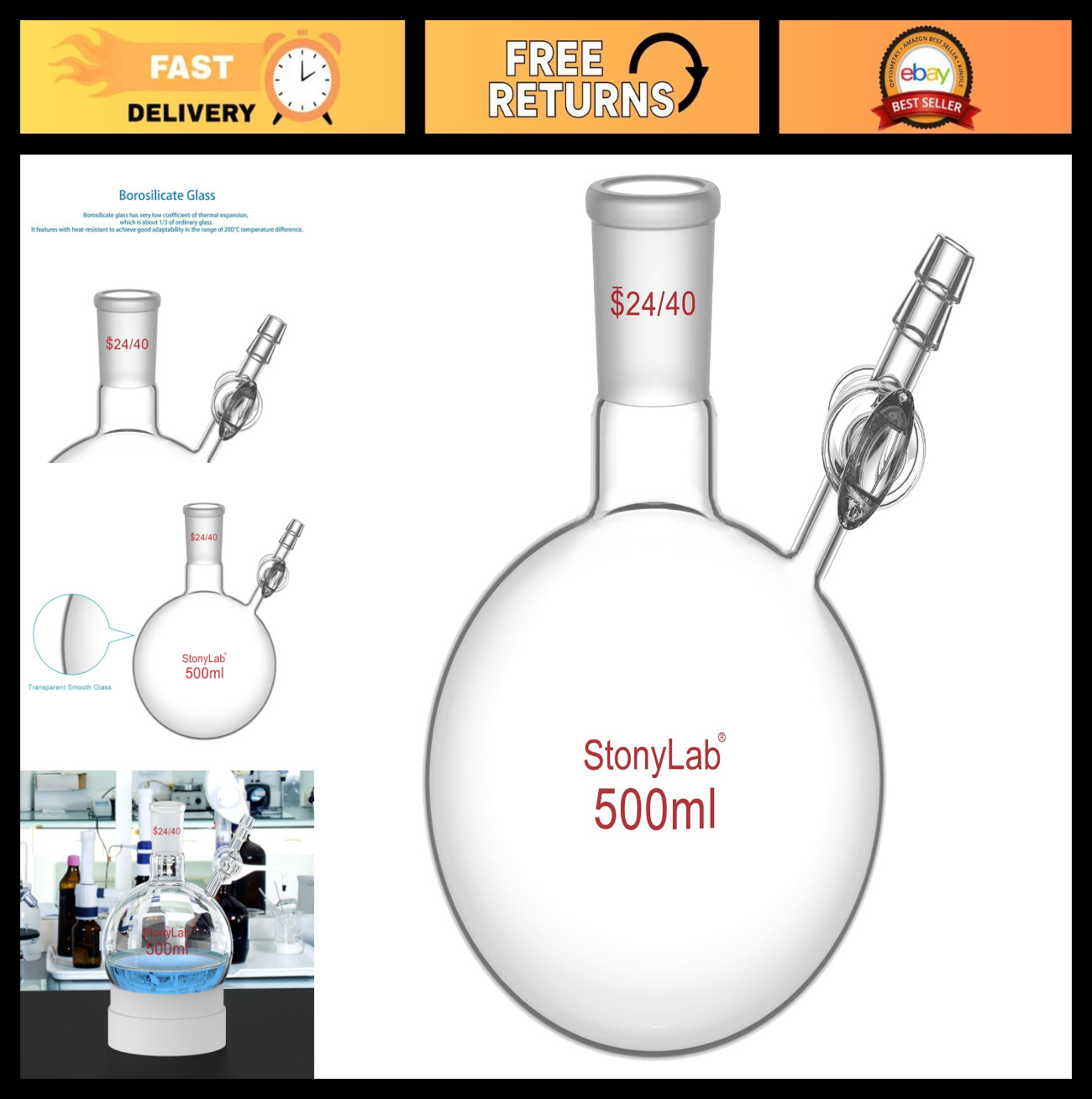 500ml Borosilicate Glass Reaction Flask with Stopcock Valve, 24/40 Joint, Lab Us