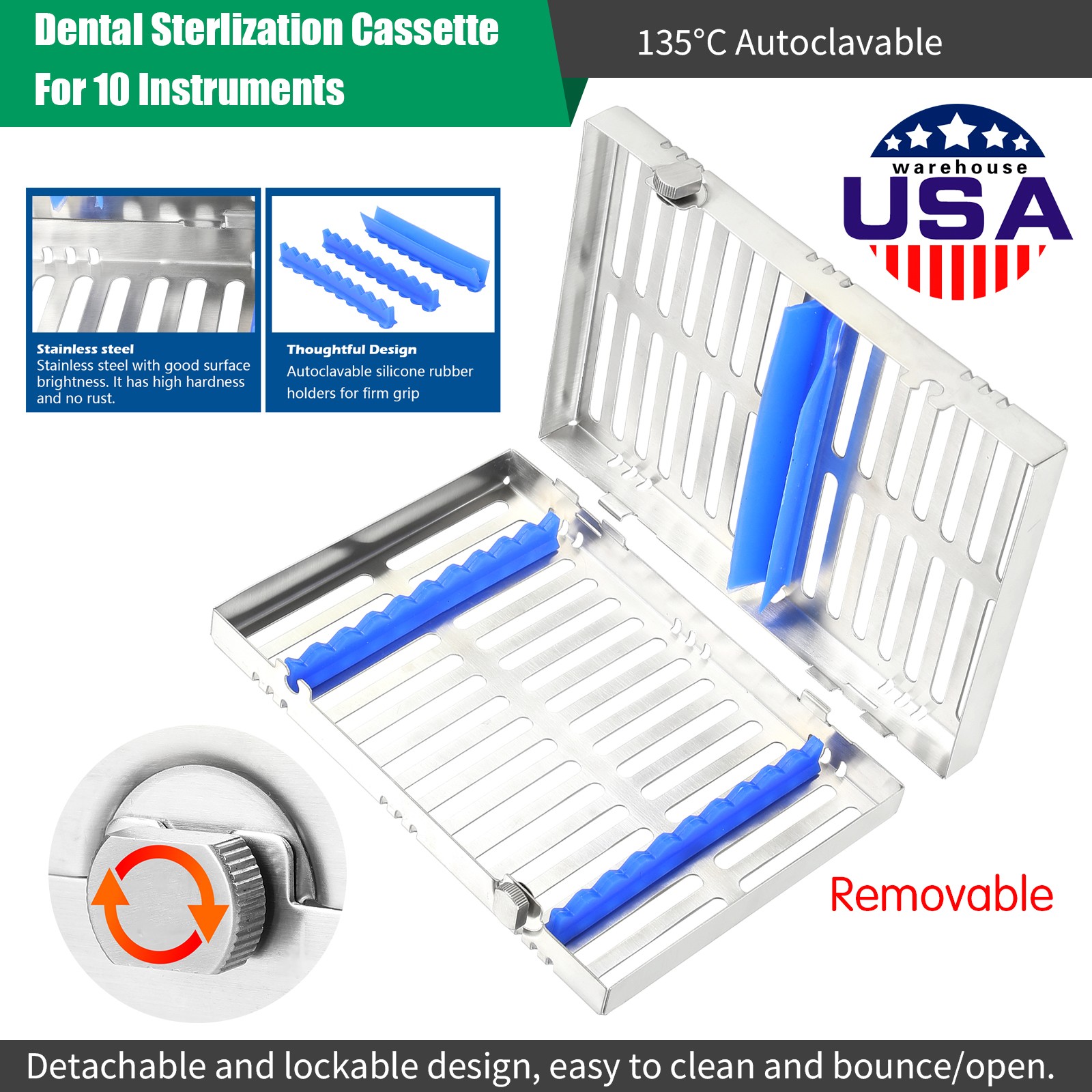 Dental Autoclave Sterilization Cassette Rack Box Tray For 10 Instrument