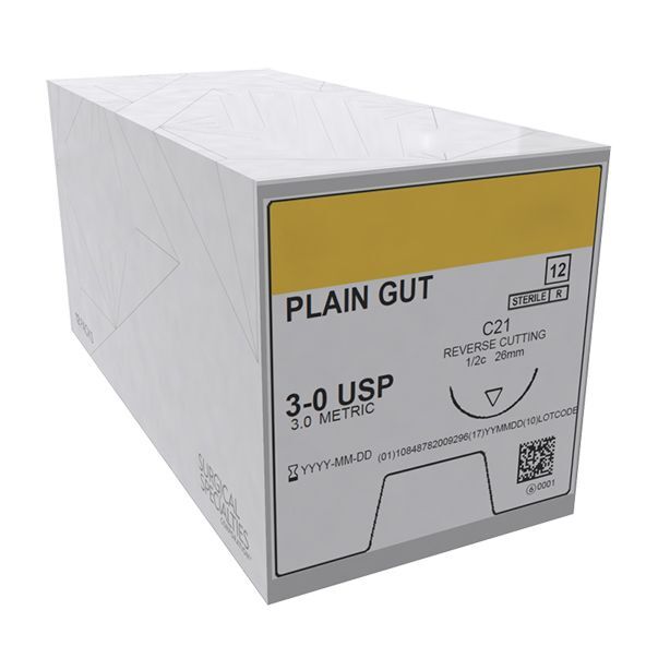 House Brand 3/0, 27″ Plain Gut Suture with C-6 Reverse-cutting 19mm Needle