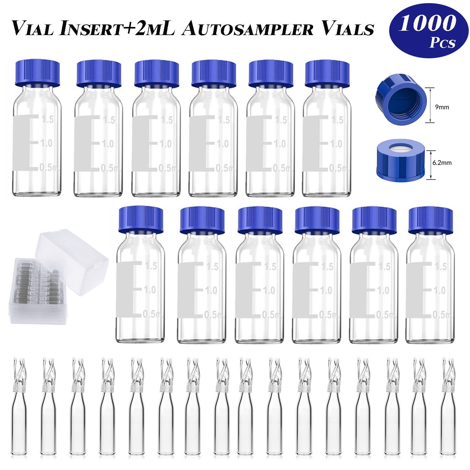 1000PCS 2ml HPLC GC Vials + Screw Caps+29*5.7mm Micro Vial Insert Plastic Spring