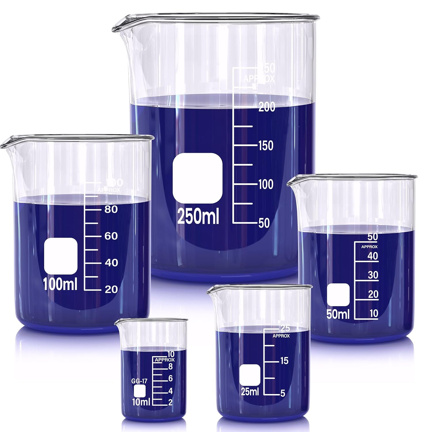 Glass Beakers Set, 5 Sizes – 10Ml, 25Ml, 50Ml, 100Ml, 250Ml, 3.3 Borosilicate Be