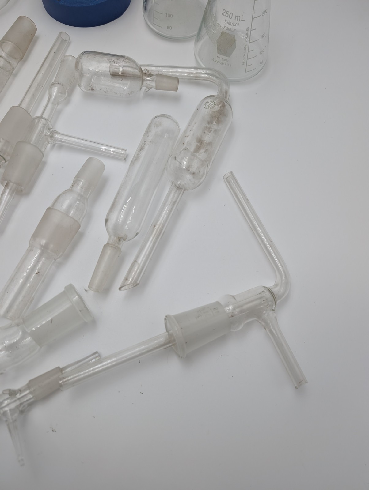 Lot of Vintage Laboratory Glassware 21pcs (Pyrex) (Kimax) Connectors + More