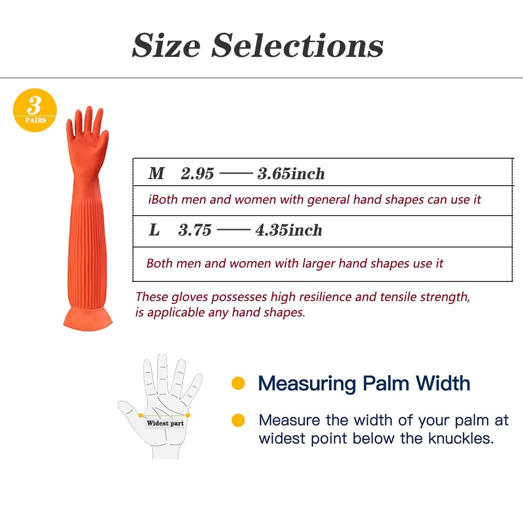 3 Pairs Extra Long Kitchen Dishwashing Gloves, 20.05in, Red, Medium
