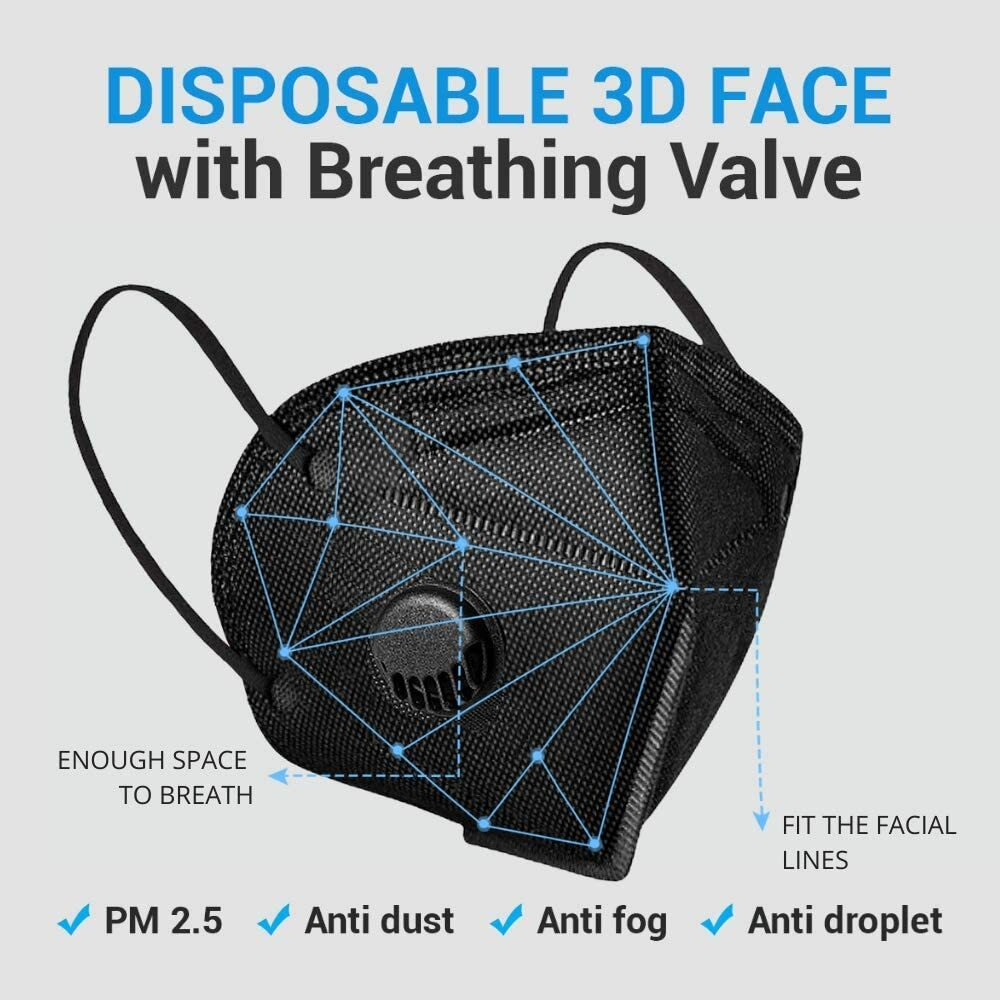 50/100Pcs Black KN95 Face Mask 5 Layer BFE 95% Disposable Respirator with Valve