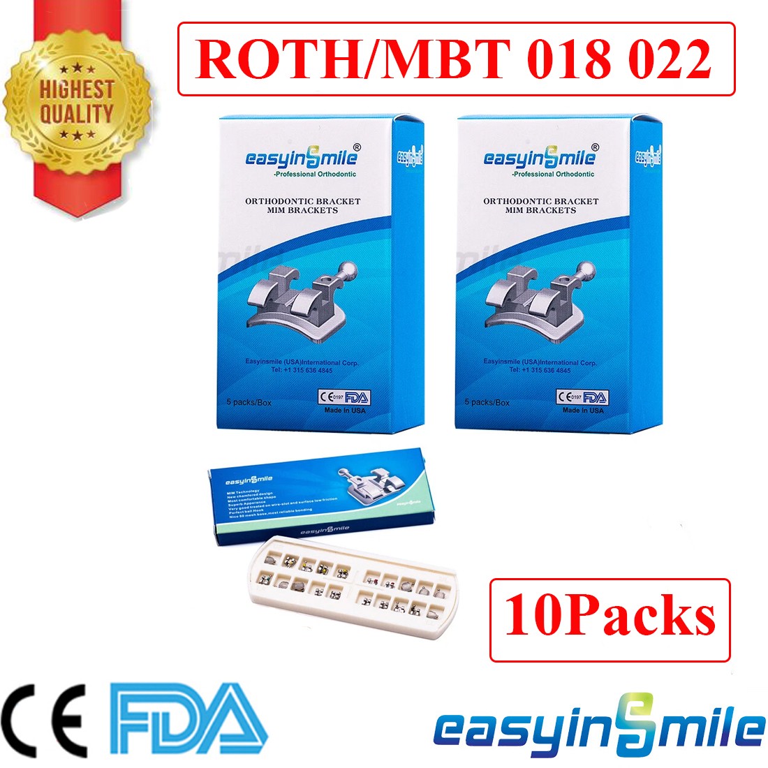 Dental Orthodontic Brackets Mini Metal MBT/Roth Solt 022 Braces 3/345Hooks 10Pks