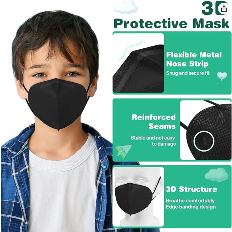 50 Pcs Black KN95 Protective 5 Layer Face Mask For Kids Boys Girls Child Unisex
