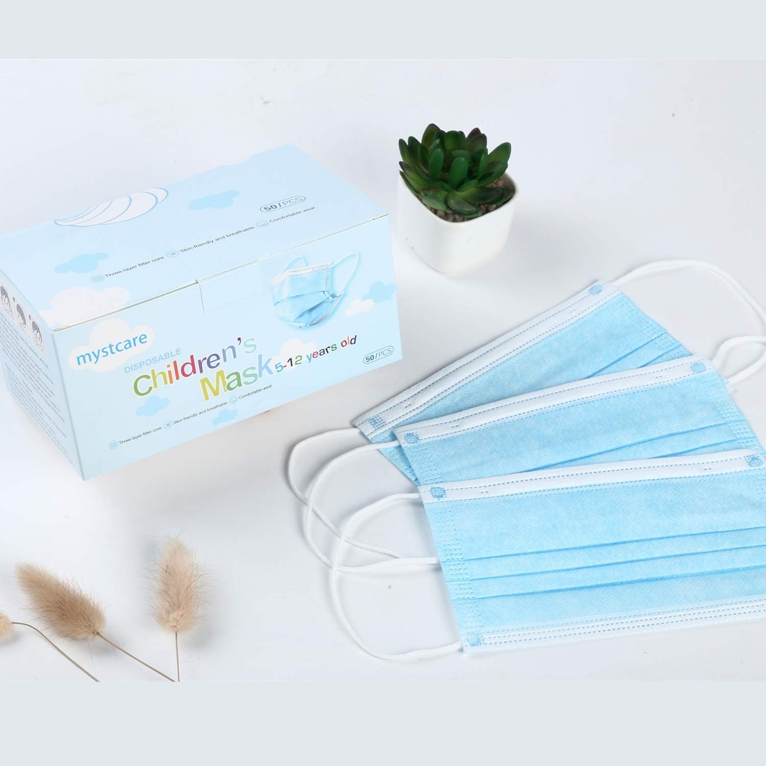 Kids Disposable Face Mask 50 Pack 3-Layer Filter Ages 5-12 Blue