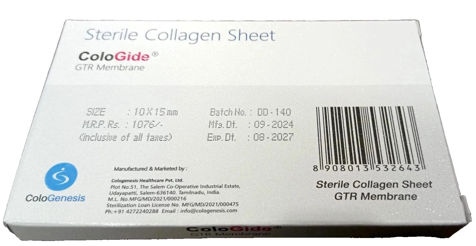 DENTAL COLO GIDE STERILE COLLAGEN SHEET GTR MEMBRANE 10 X 15 mm (FAST FREE SHIP)
