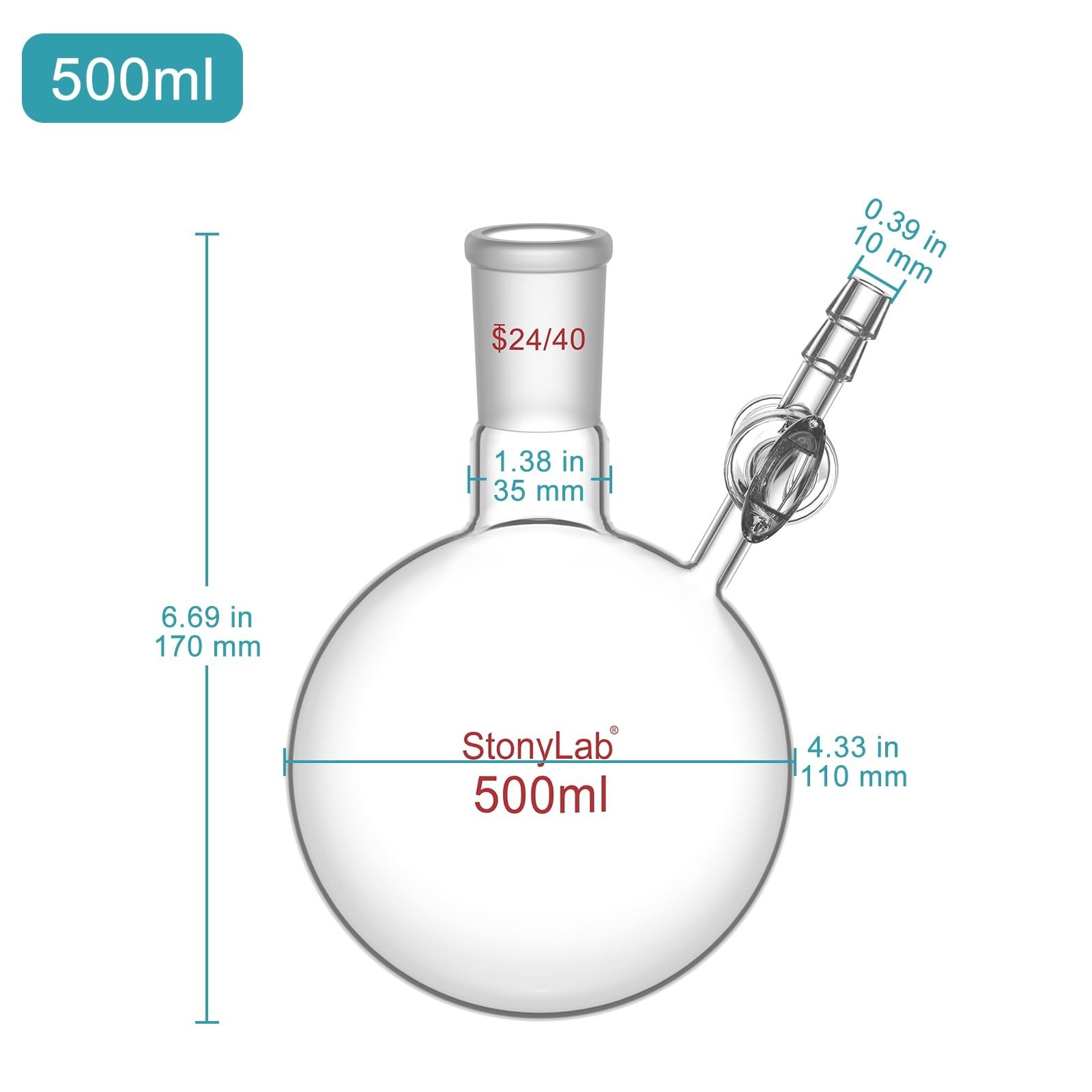 500ml Borosilicate Glass Reaction Flask with Stopcock Valve, 24/40 Joint, Lab Us