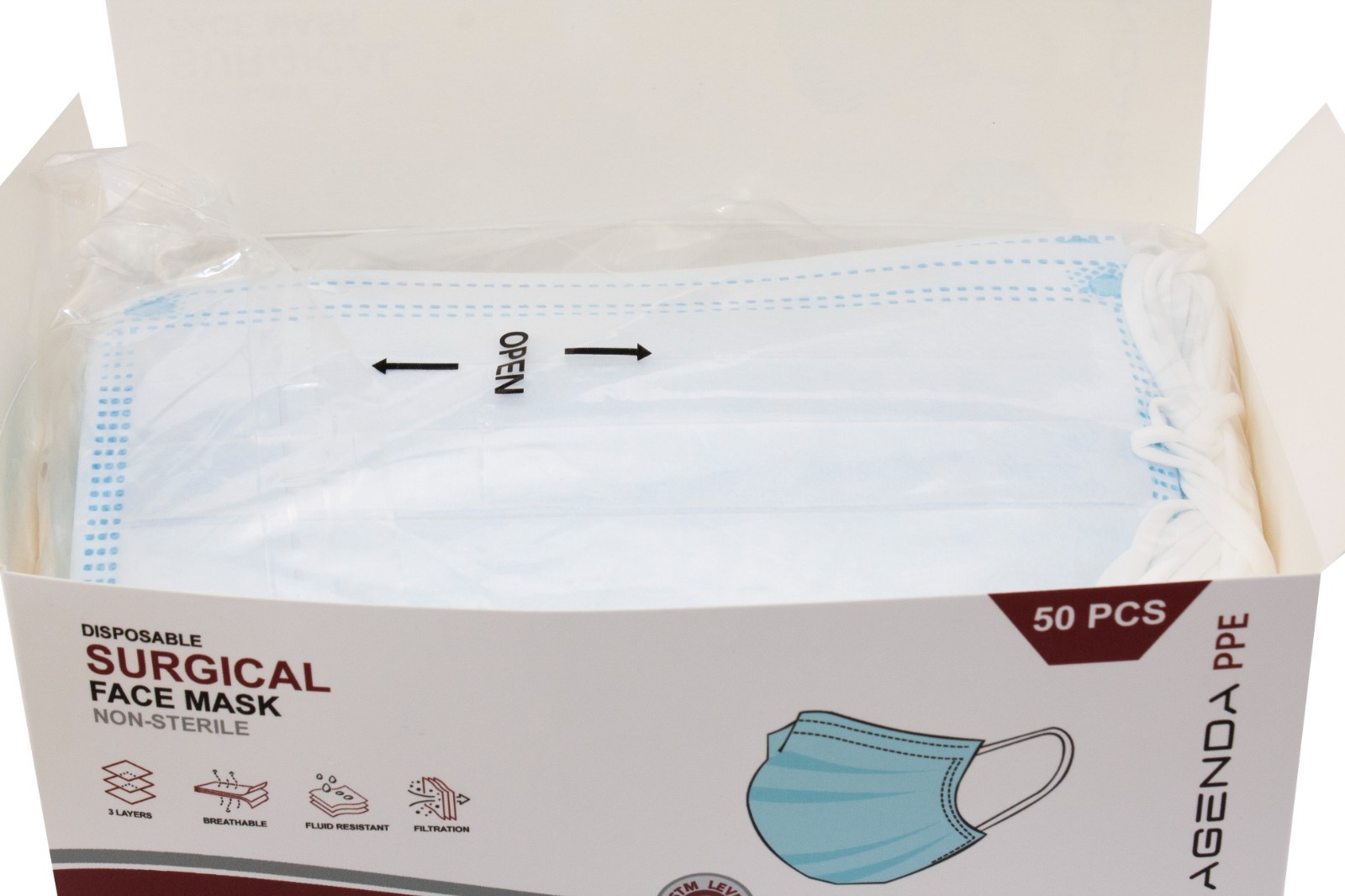 Agenda PPE – Level 2 ASTM Disposable Face Masks Blue 3 Ply Earloop – 600pcs
