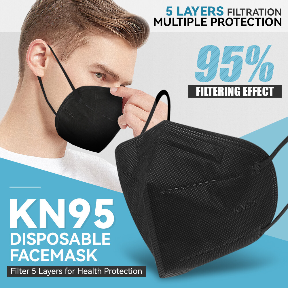 [10/20/30/50/100 Pcs] BLACK 5-Ply Disposable KN95 Face Mask BFE 95% Mouth Cover