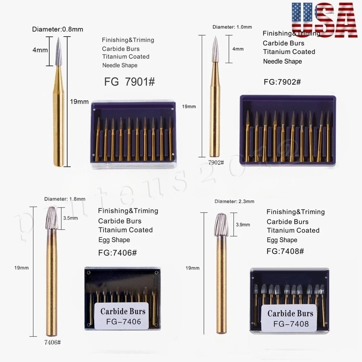 10*Tungsten Carbide Gold Burs Trimming Finishing FG7901 /7902/ 7406 /7408 Dental