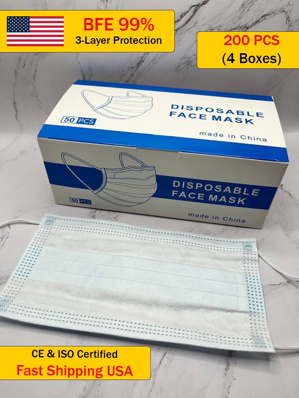 ✅ 200 PCS (4 Boxes) 3-Ply Disposable Face Masks – BFE 99% Protection | CE & ISO