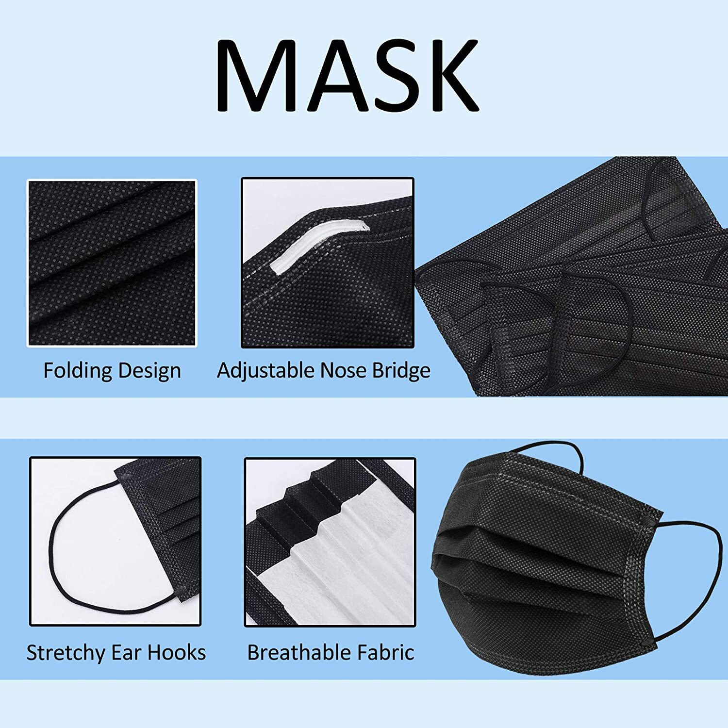 50 PCS Disposable Face Mask Non Medical Surgical 3 Ply Ear loop Black Masks USA