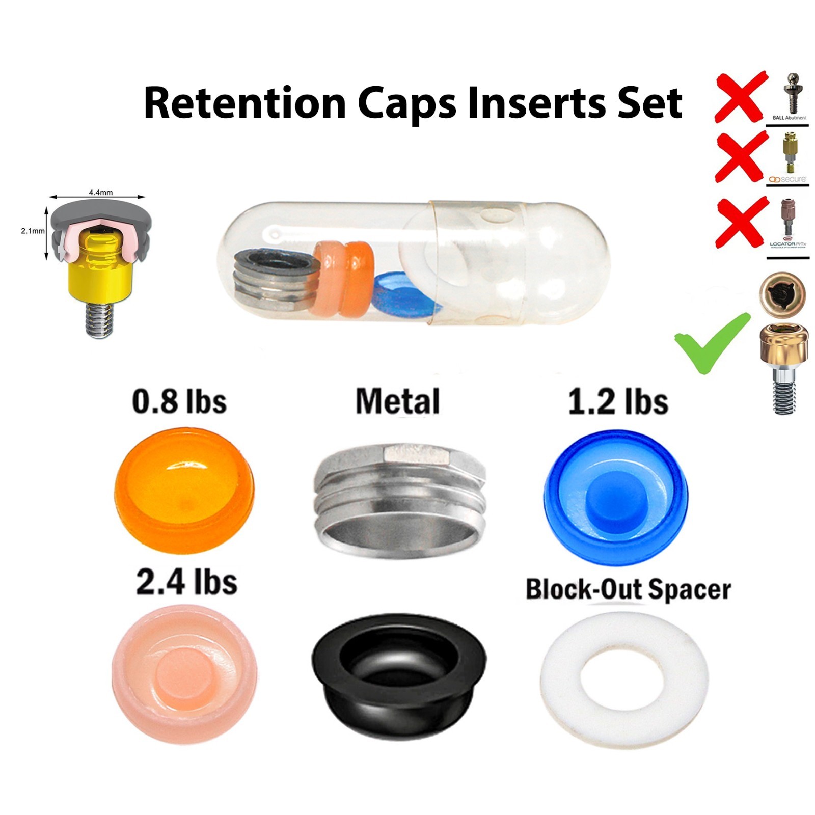 US Dental Overdenture Locator Male Cap Kit & Novaloc Peek Retention Insert Caps