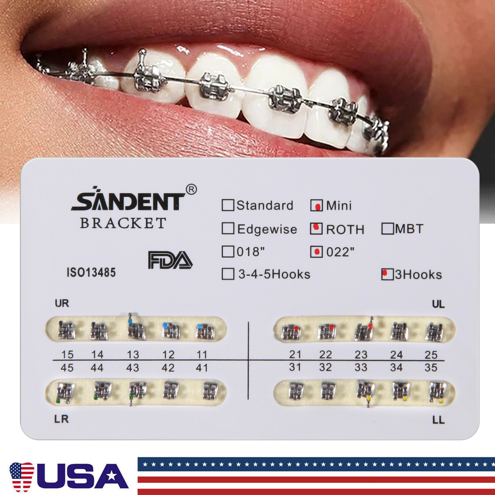 10 bags Dental Orthodontic Braces Bracket Mini Roth 022″Slot w/ 3hooks 200PCS ns