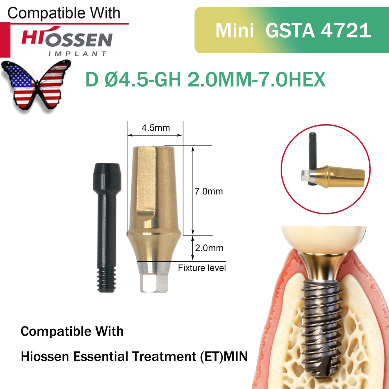 Straight Abutment Fit Osstem Hiossen ET Mini Regular Hex Implant Cement Retained