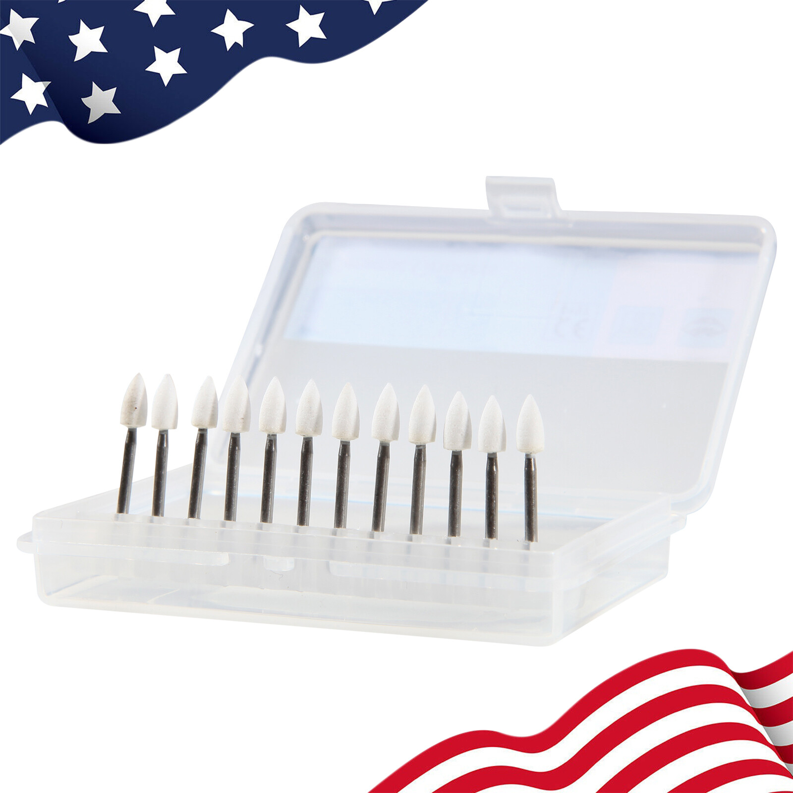 12*Dental Flame Mounted White Stone Polishing Burs FG Abrasion Point Polisher st
