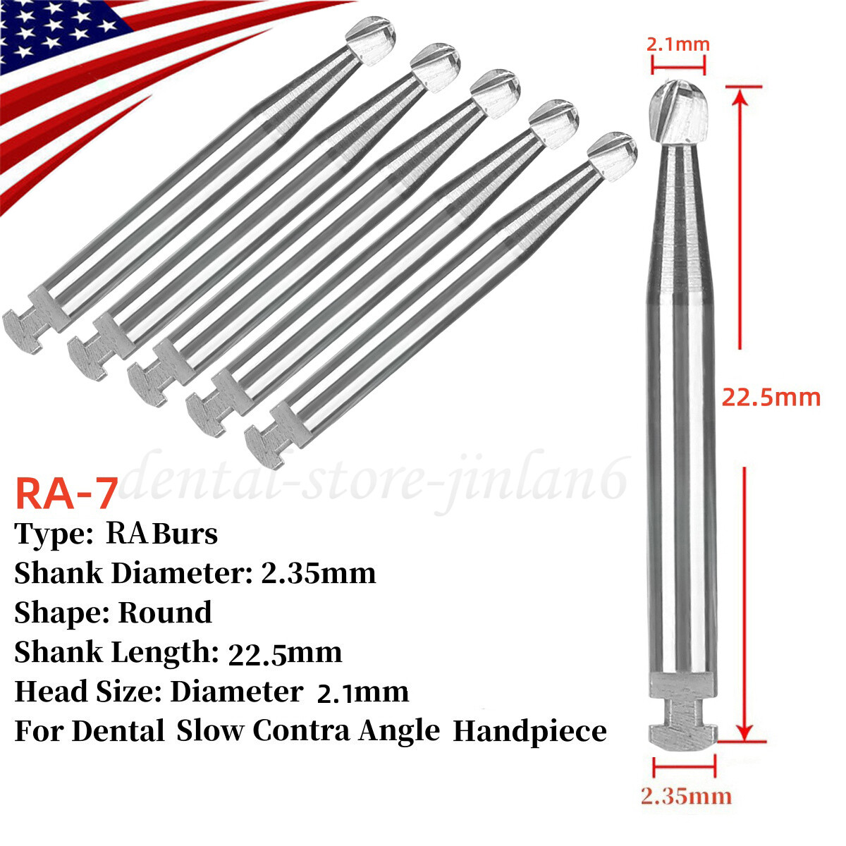 5 pieces Dental 22.5mm Round Carbide Bur Slow Speed Latch Type RA7 Burs USA