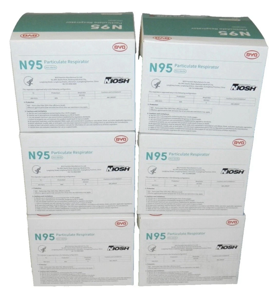 NEBYD Niosh N95 Respirator – 20 Pack -Lot of 6 Boxes- Total 120 masks New Sealed