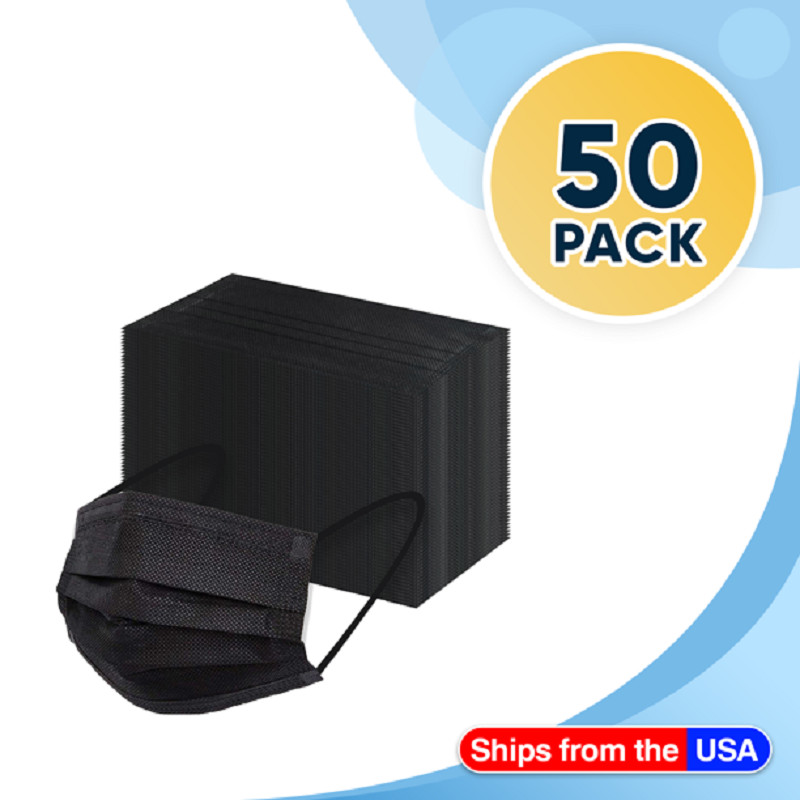 50 Pcs Black 3-Ply Face Mask Disposable Non Medical Surgical Earloop Mouth Cover