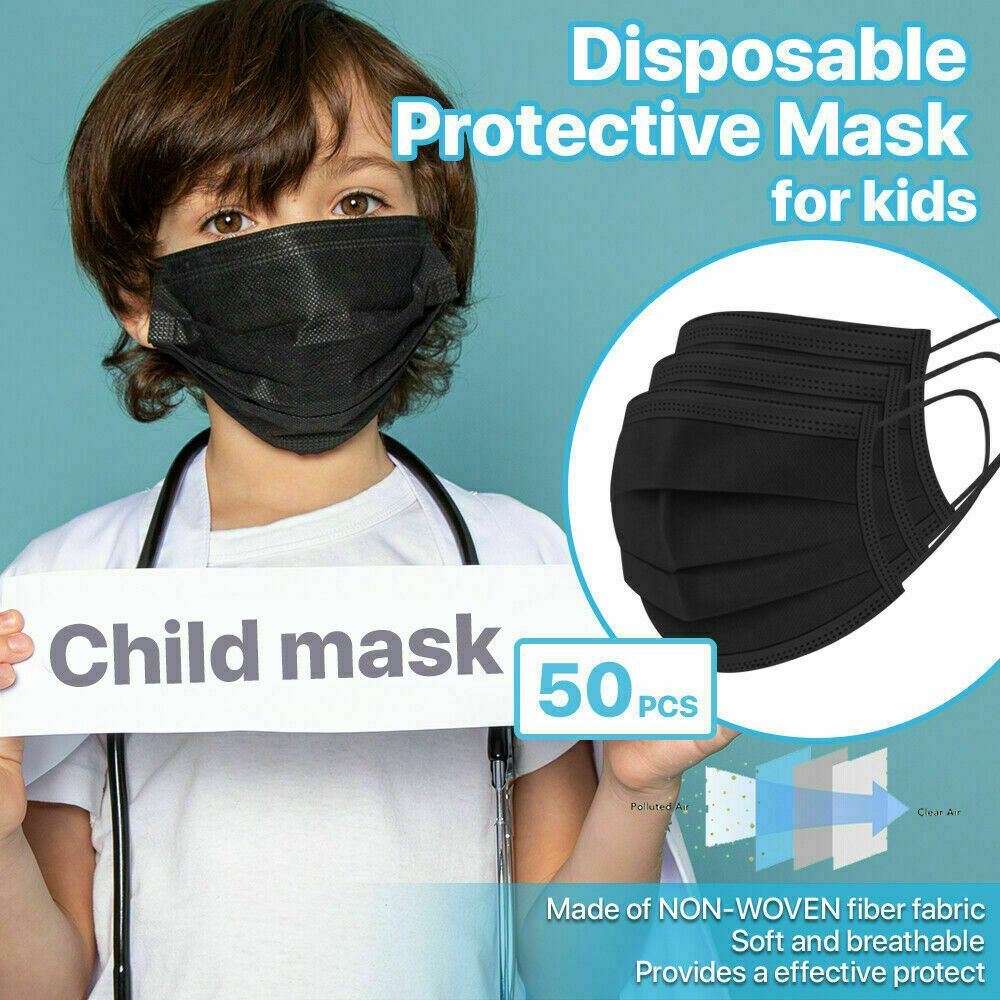 50 Kids Face Mask Disposable Children 3-Layers Soft Skin Protection Black