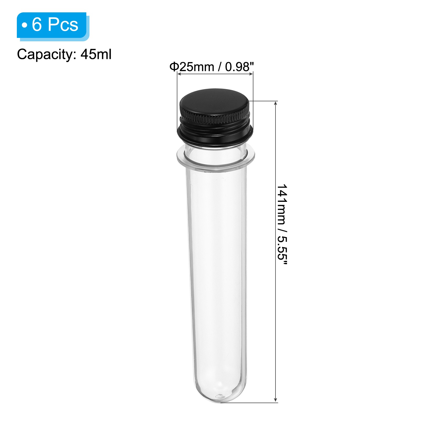 45ml Plastic Test Tubes with Screw Caps, 6Pcs 141x25mm Tubes, Black