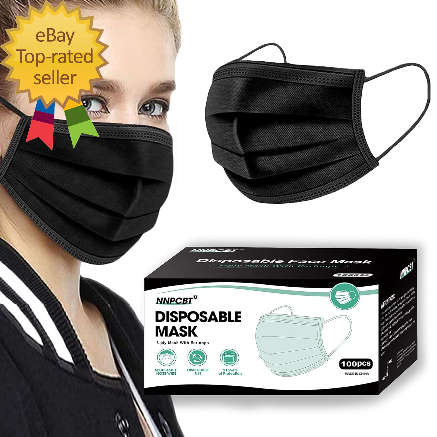 100PCS 3 Ply Black Disposable Face Mask Filter Protection Face Masks