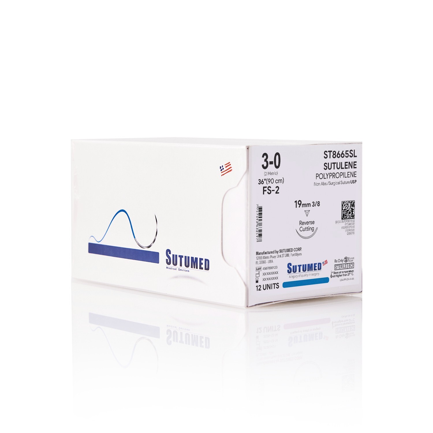 Sutumed Sutu-Lene Polypropylene Suture USP 3-0, 3/8 19mm reverse cutting