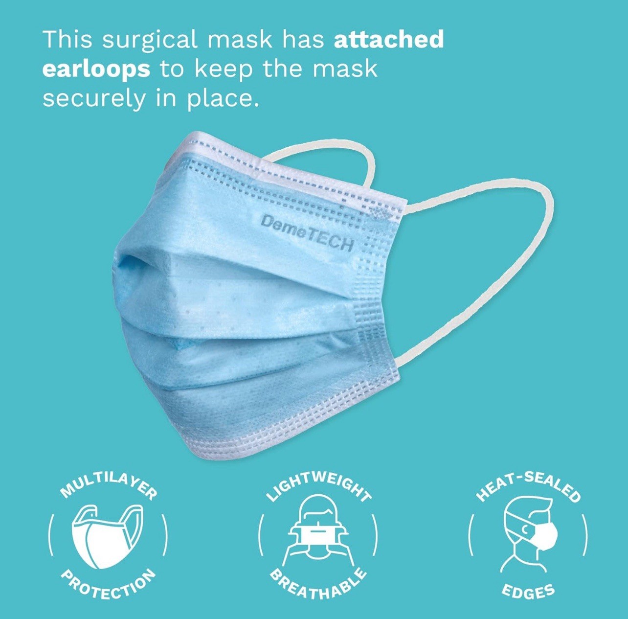 DEMETECH ASTM Level 3, 5 packs of 50, 3 Layer Face Mask W/Ear Loops, Made in USA