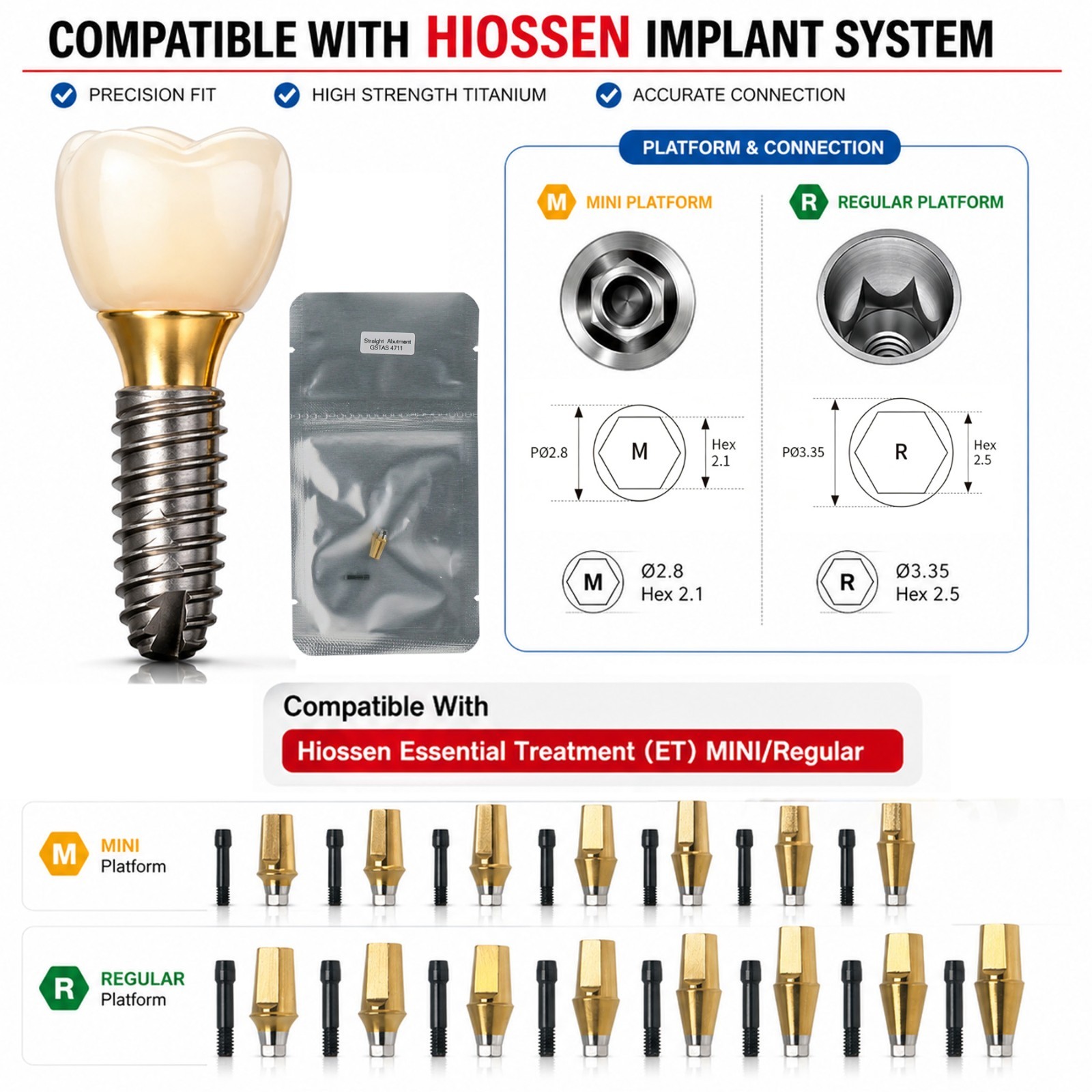 Straight Abutment Fit Osstem Hiossen ET Mini Regular Hex Implant Cement Retained