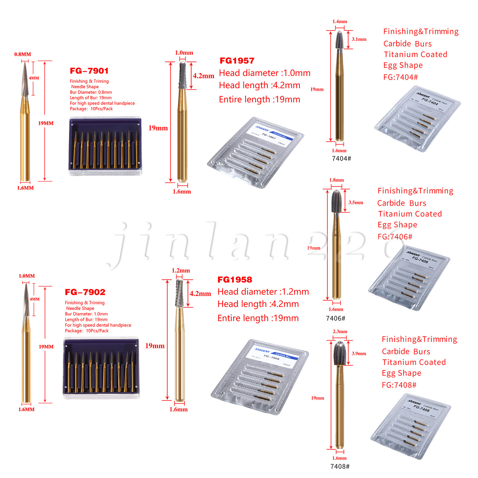 Dental Carbide Trimming & Finishing Burs FG7404/7406/7408/7901/7902/1957